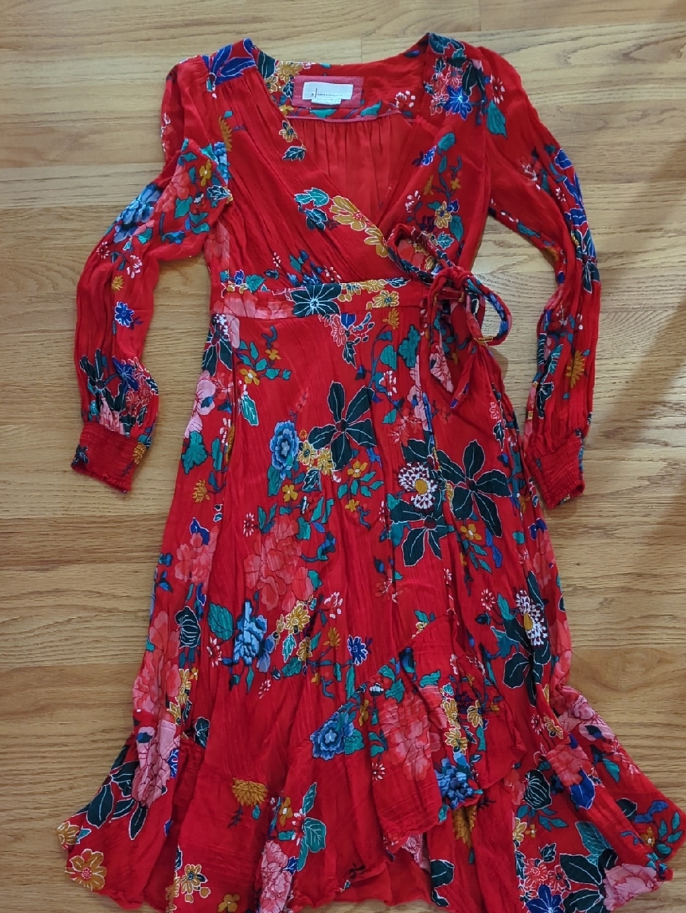 Anthropologie Red Floral Wrap Dress with Long Sleeves